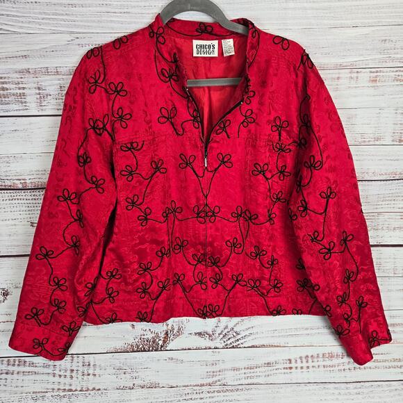 Chico's Red 100% Silk Jacket Black Embroidery Size 3 (XL) Asian Inspired Print - Picture 10 of 10